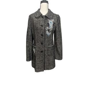 Chaber Wool Mulberry Silk Embroidered Tweed Longline Coat Gray Blue Size S